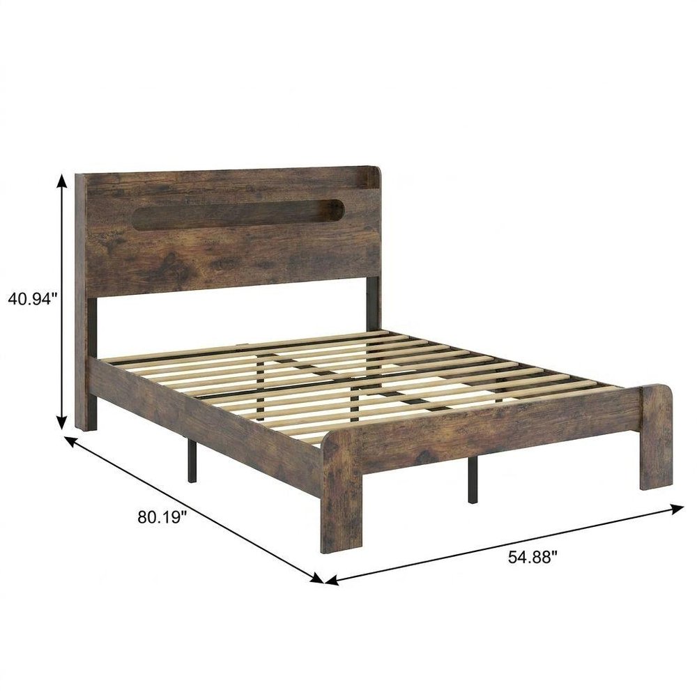 Dark Brown Solid Wood Full Bed Frame With USB HomeRoots