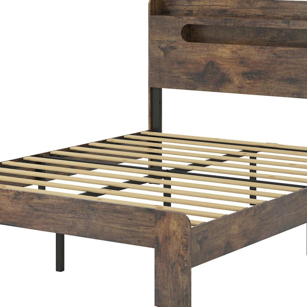 Dark Brown Solid Wood Queen Bed Frame With USB — view 5