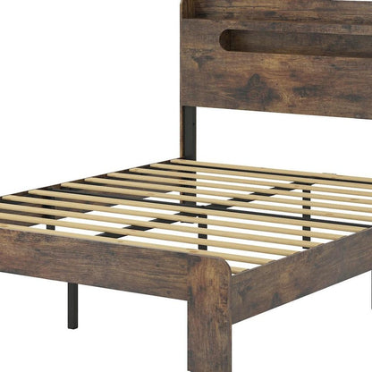 Dark Brown Distressed Solid Wood Queen Bed Frame With USB With Shelf Storage