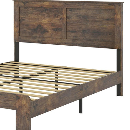 Dark Brown Inlaid Panels Distressed Wood King Bed Frame