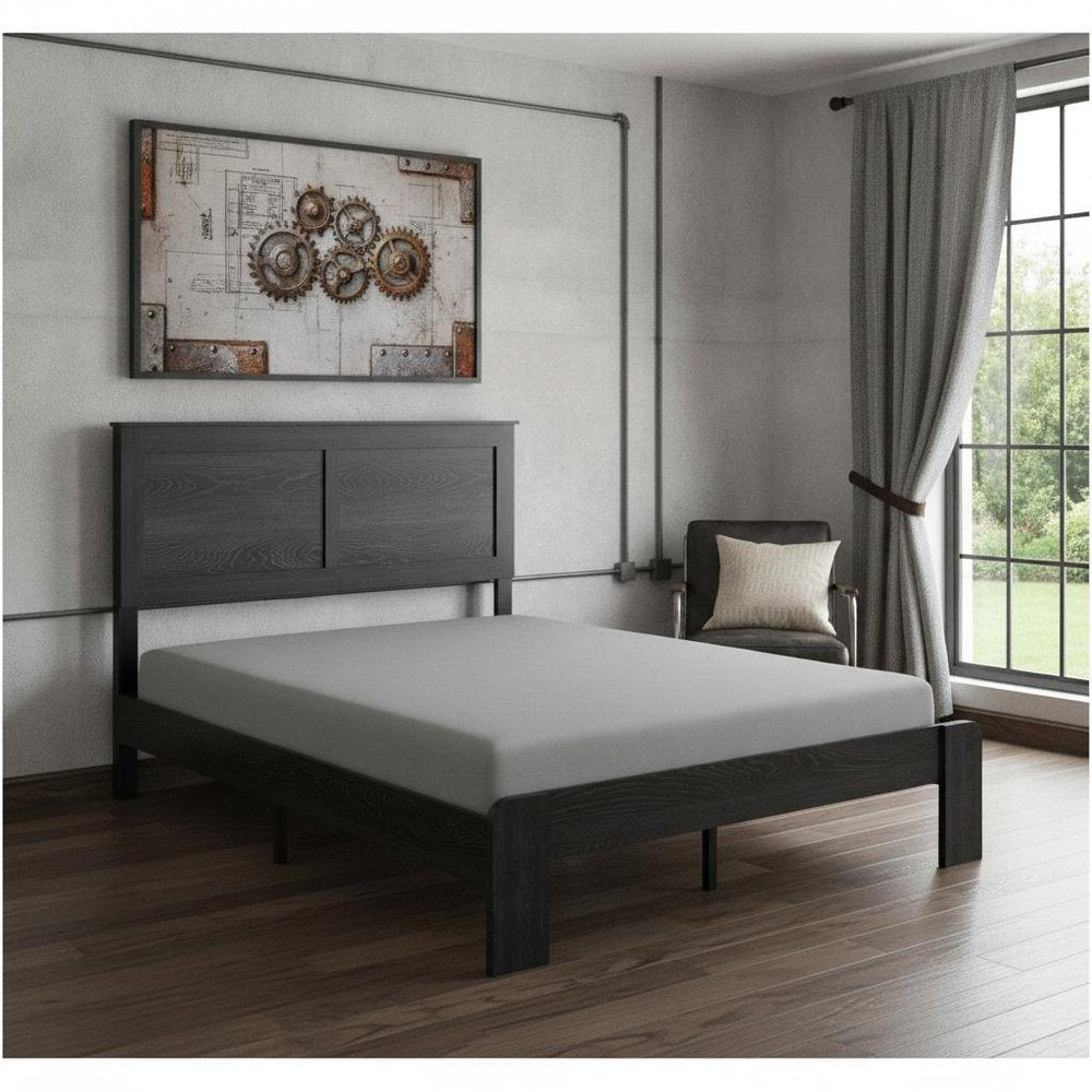 Black Inlaid Panels Wood Queen Bed Frame — view 6