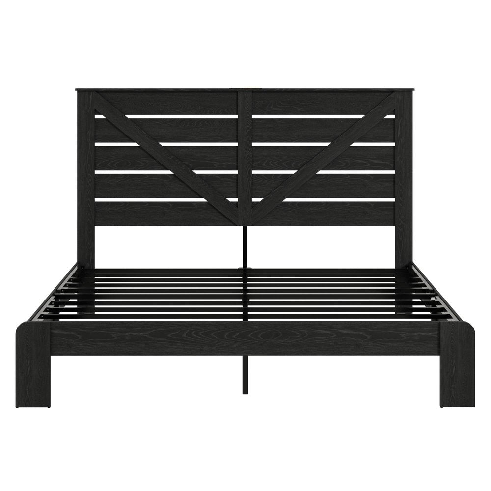 Black Slat Back Wood And Steel King Bed Frame