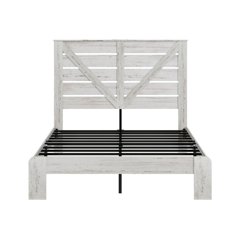 White Slat Back Wood And Steel Queen Bed Frame — view 1