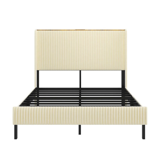 Beige Steel And Metal And Linen Blend Upholstered Full Bed Frame With USB