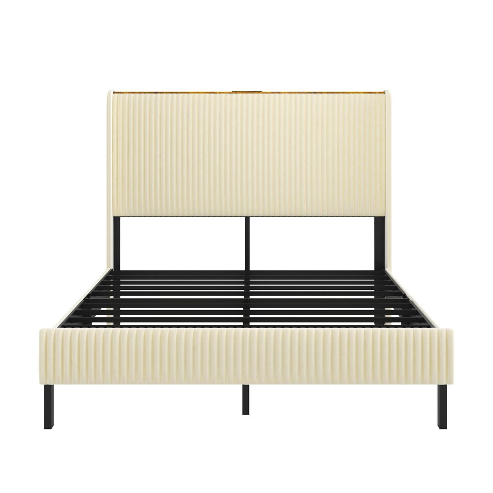 Beige Steel And Metal And Linen Blend Upholstered Full Bed Frame With USB HomeRoots