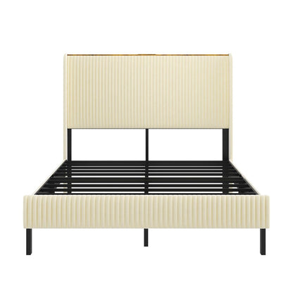 Beige Steel And Metal And Linen Blend Upholstered Full Bed Frame With USB HomeRoots