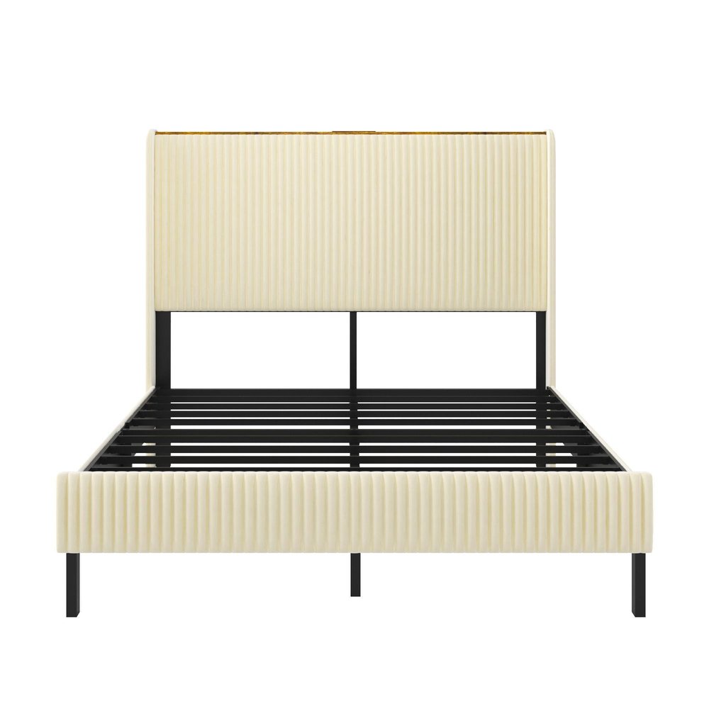 Beige Steel And Metal And Linen Blend Upholstered Full Bed Frame With USB — view 4