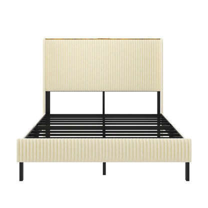 Beige Steel And Metal And Linen Blend Upholstered Full Bed Frame With USB HomeRoots