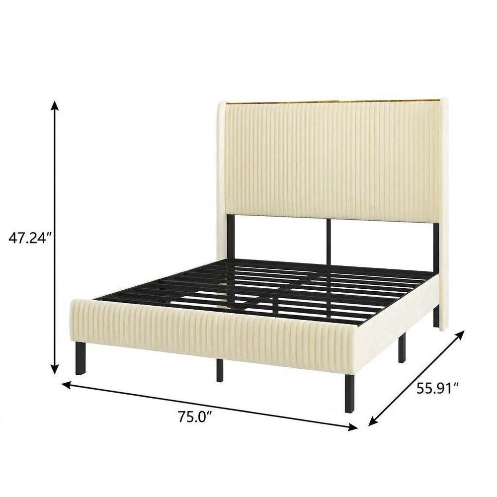 Beige Steel And Metal And Linen Blend Upholstered Full Bed Frame With USB — view 5