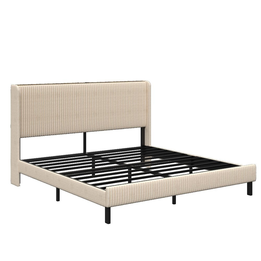 Beige Metal And Steel And Linen Blend Upholstered King Bed Frame With USB HomeRoots