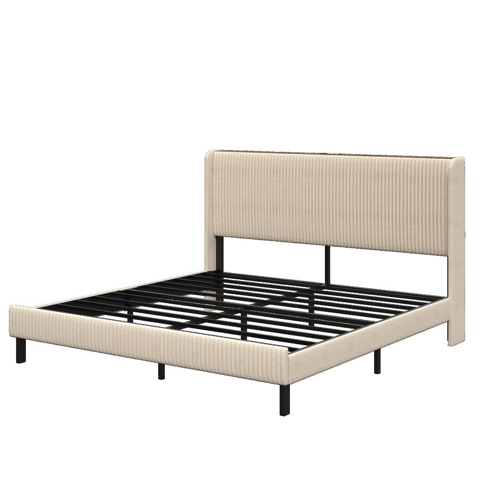 Beige Metal And Steel And Linen Blend Upholstered King Bed Frame With USB — view 4