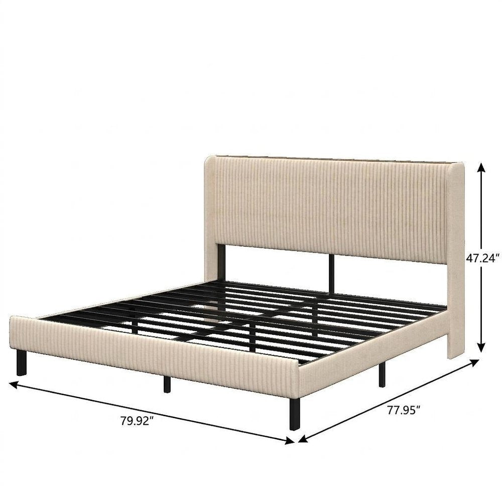Beige Ribbed Texture Linen Blend Upholstered King Bed Frame With USB — view 5