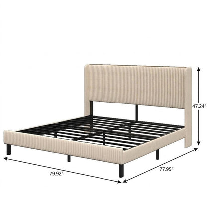 Beige Metal And Steel And Linen Blend Upholstered King Bed Frame With USB HomeRoots