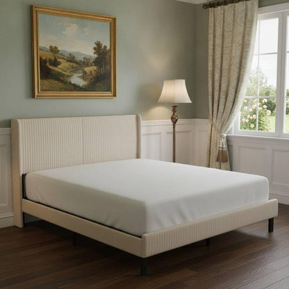 Beige Metal And Steel And Linen Blend Upholstered King Bed Frame With USB HomeRoots