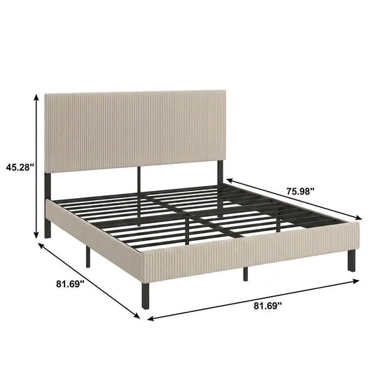 Beige And Off White Iron And Metal And Linen Upholstered King Bed Frame