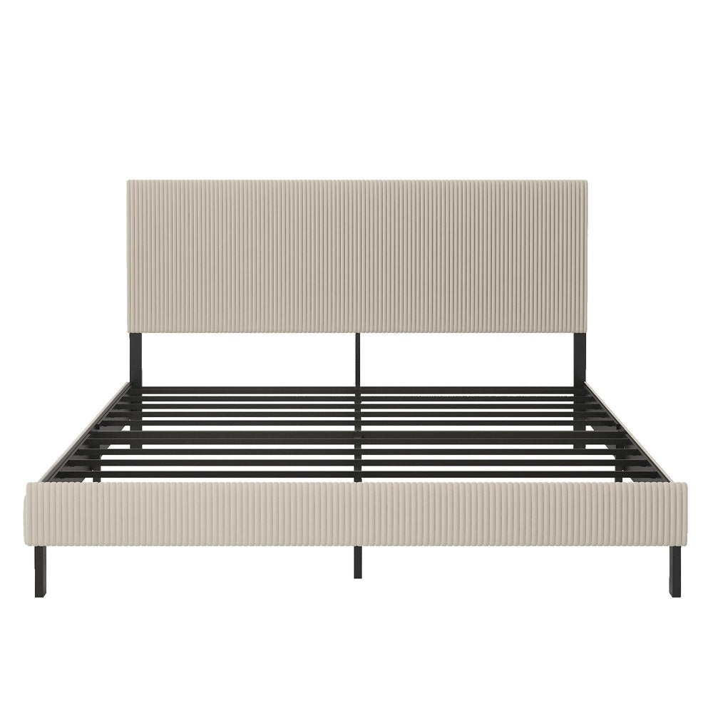 Beige Ribbed Texture Linen Upholstered King Bed Frame