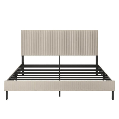 Beige Ribbed Texture Linen Upholstered King Bed Frame