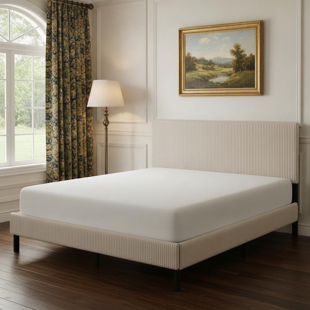 Beige And Off White Iron And Metal And Linen Upholstered King Bed Frame — view 6