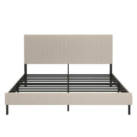 Beige And Off White Iron And Metal And Linen Upholstered King Bed Frame