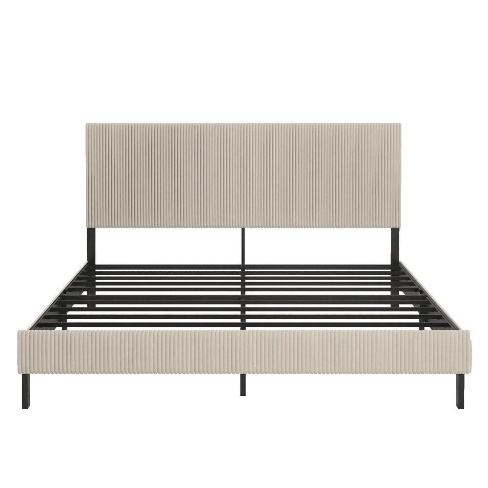 Beige And Off White Iron And Metal And Linen Upholstered King Bed Frame HomeRoots