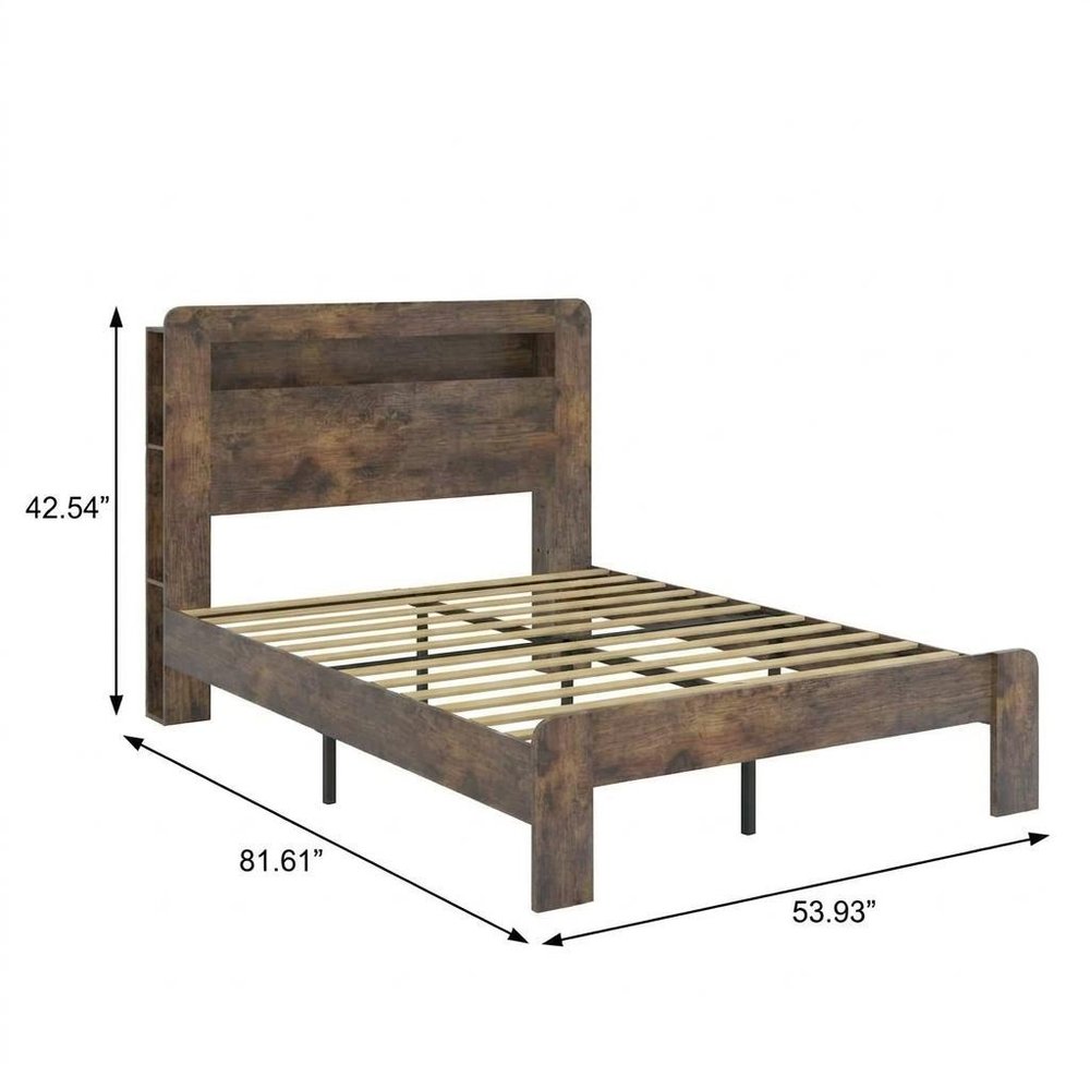 Dark Brown Solid Wood Full Bed Frame With USB With Shelf Storage