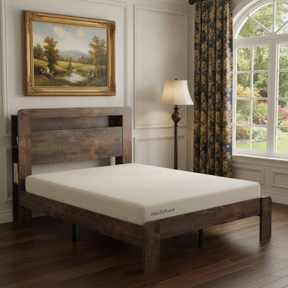 Dark Brown Solid Wood Full Bed Frame With USB With Shelf Storage