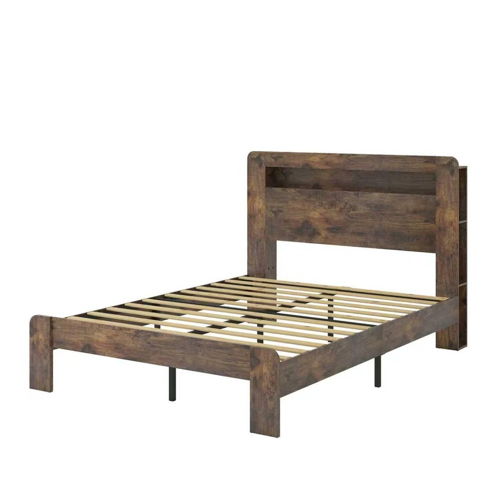 Dark Brown Solid Wood Full Bed Frame With USB With Shelf Storage