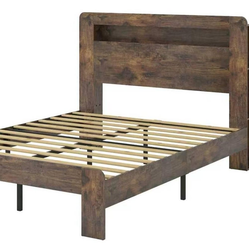 Dark Brown Solid Wood Full Bed Frame With USB With Shelf Storage