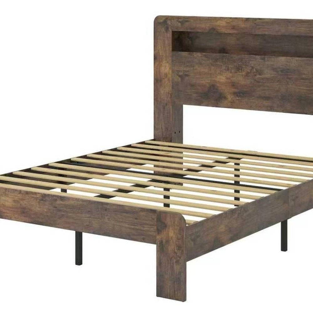 Dark Brown Solid Wood Full Bed Frame With USB With Shelf Storage — view 3