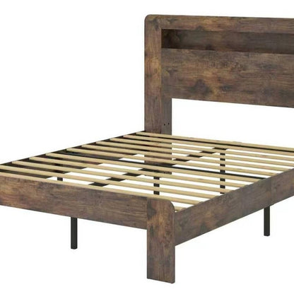 Dark Brown Solid Wood Full Bed Frame With USB With Shelf Storage