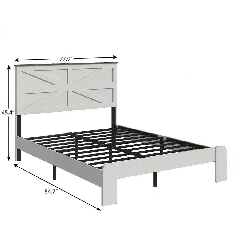White Inlaid Panels Solid Wood And Steel Full Bed Frame — view 6