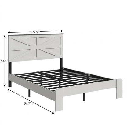 White Inlaid Panels Solid Wood And Steel Full Bed Frame