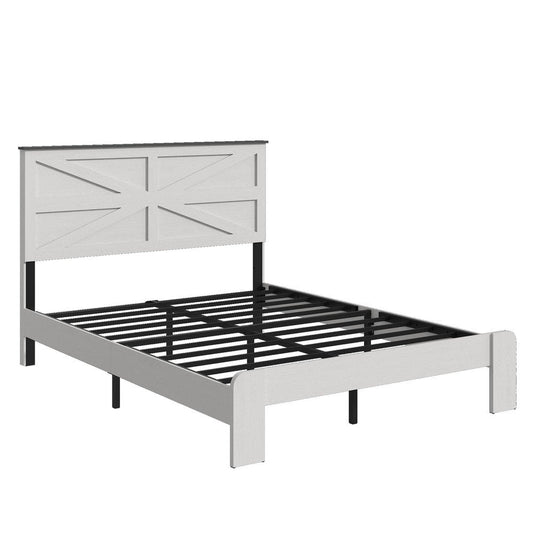White Inlaid Panels Solid Wood And Steel Full Bed Frame