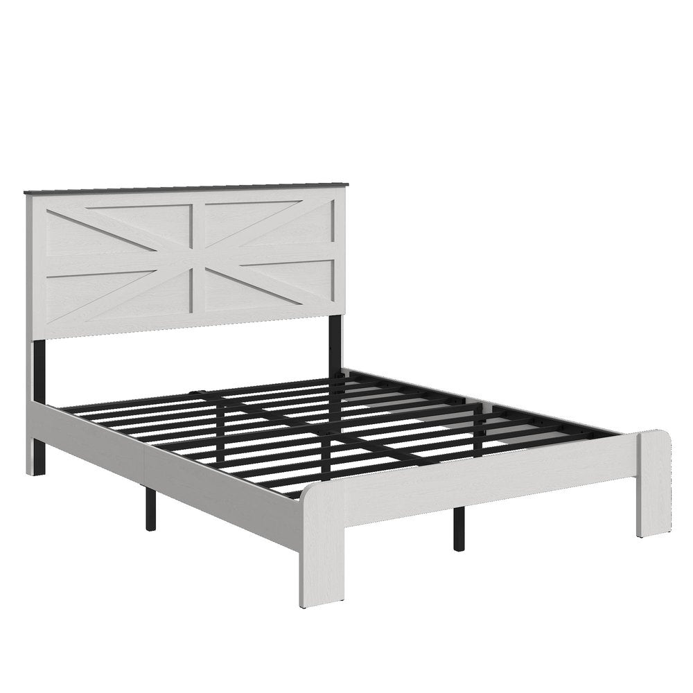 White Metal And Solid Wood Full Bed Frame — view 1