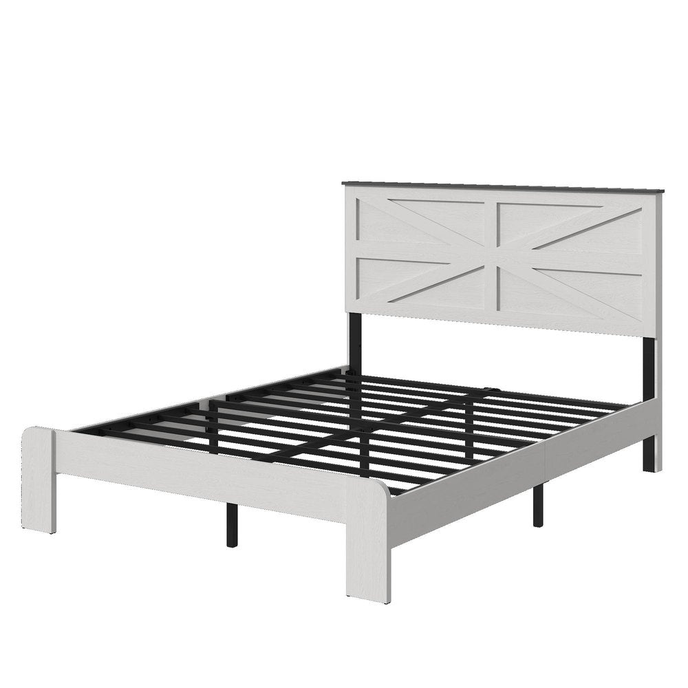White Inlaid Panels Solid Wood And Steel Full Bed Frame