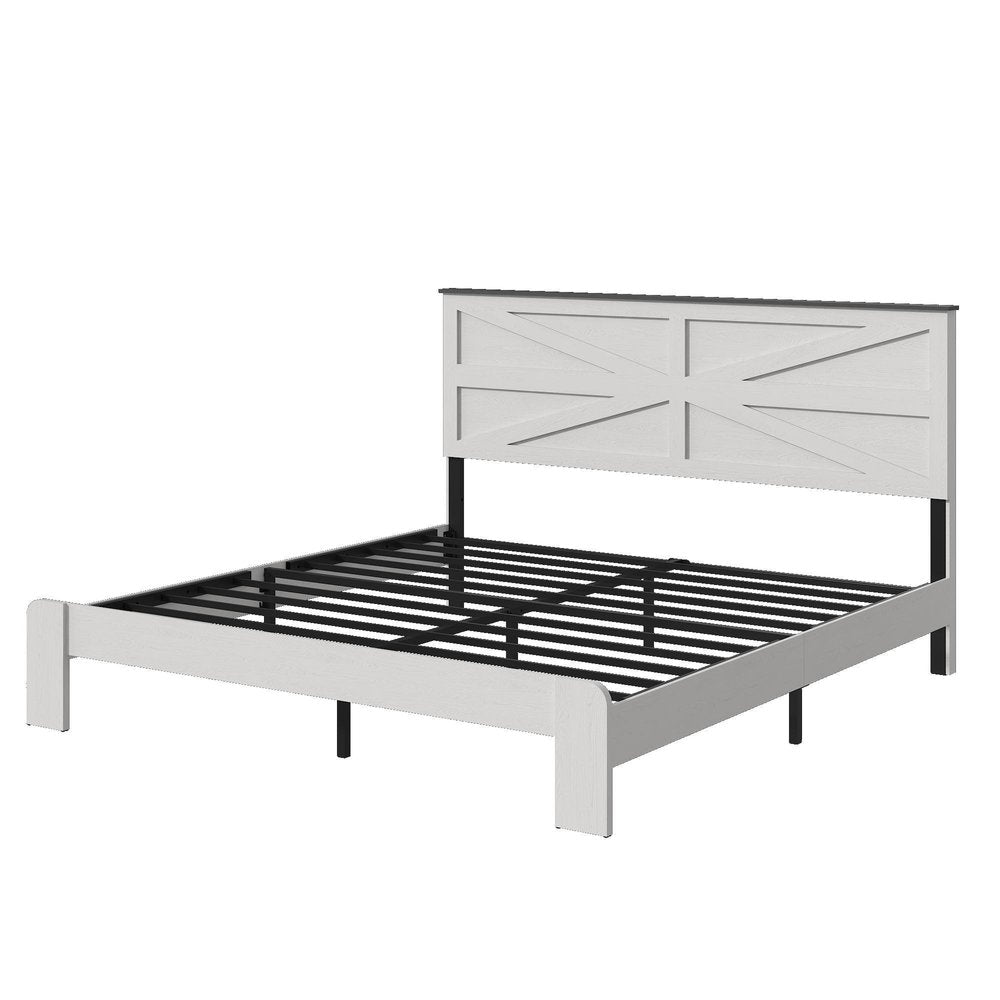 White Inlaid Panels Solid Wood And Steel Queen Bed Frame — view 4