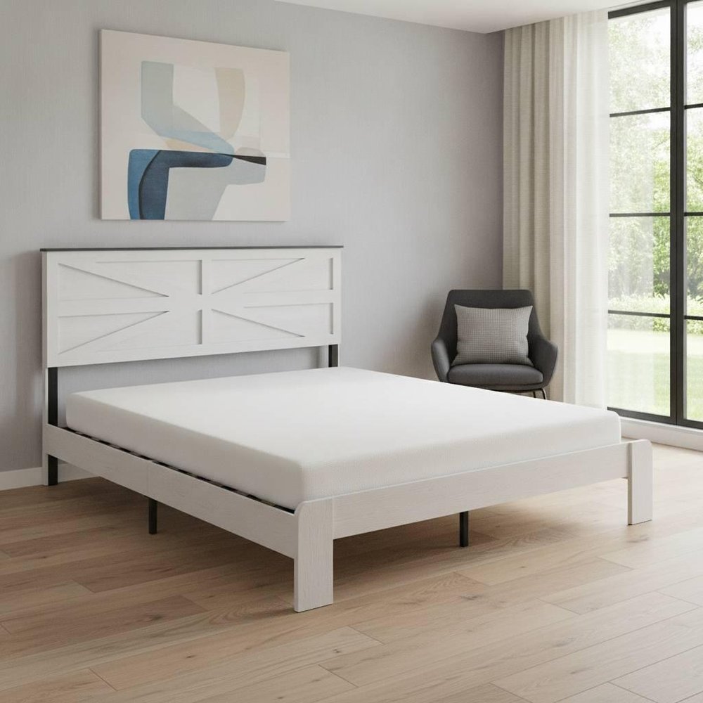 White Inlaid Panels Solid Wood And Steel Queen Bed Frame