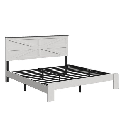 White Inlaid Panels Solid Wood And Steel Queen Bed Frame