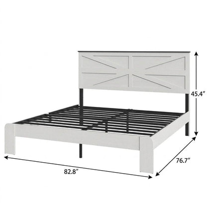 White Inlaid Panels Solid Wood And Steel King Bed Frame