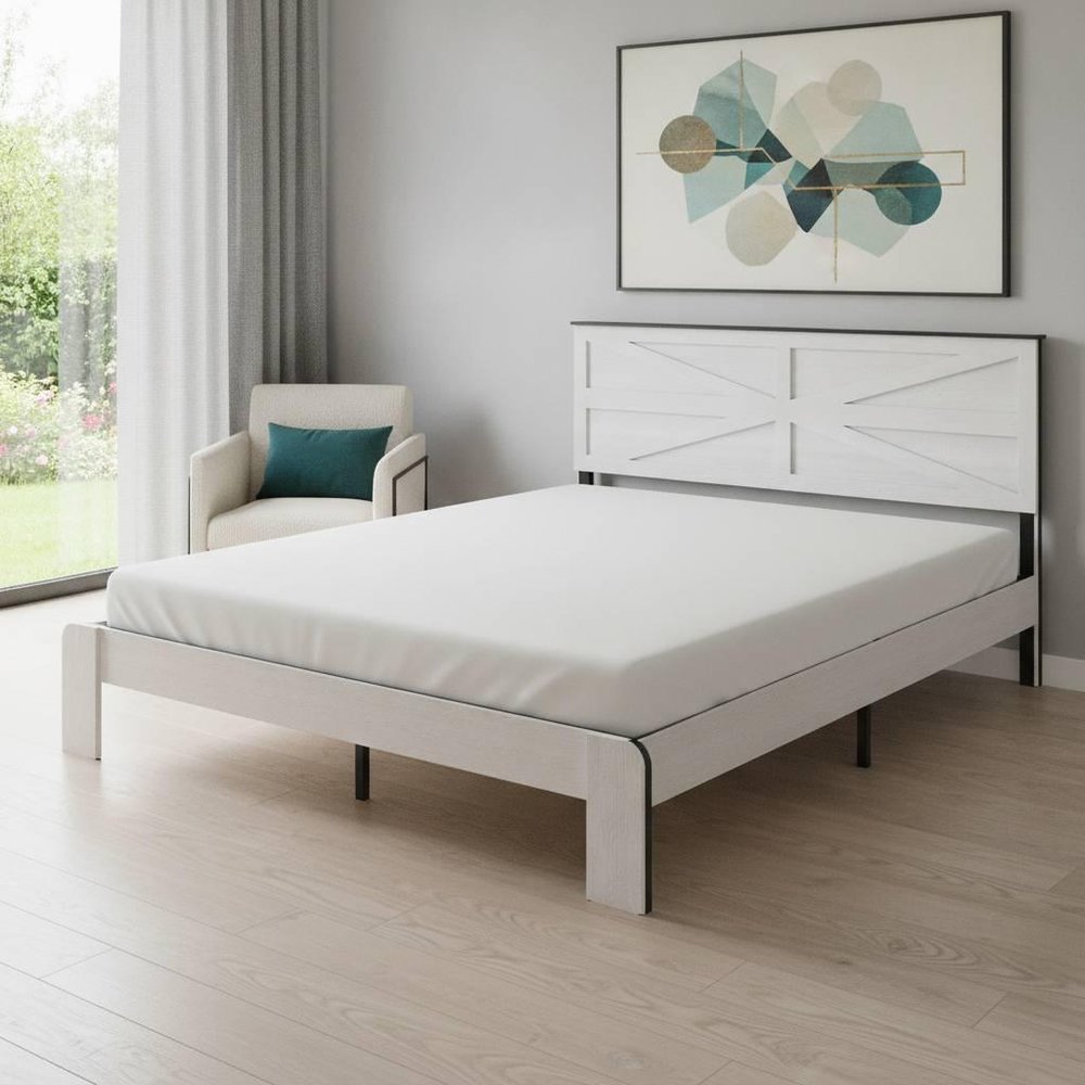 White Solid Wood And Metal King Bed Frame HomeRoots