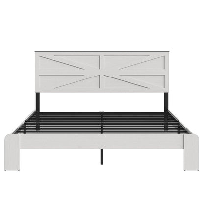 White Inlaid Panels Solid Wood And Steel King Bed Frame