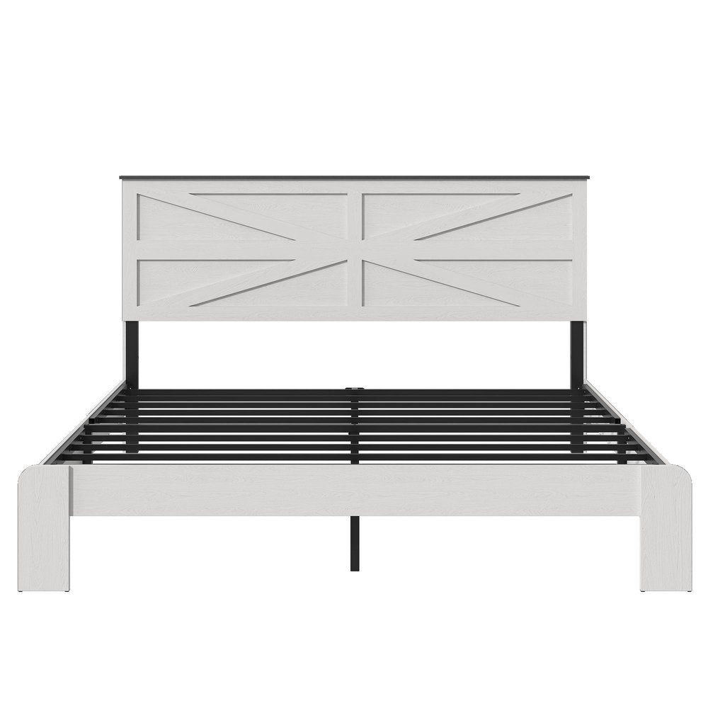 White Inlaid Panels Solid Wood And Steel King Bed Frame — view 3