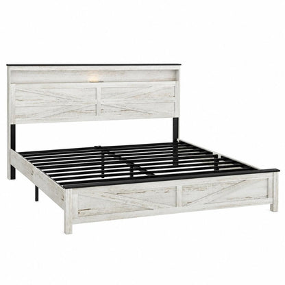 White And Gray Inlaid Panels Solid Wood Lighted King Bed Frame With USB With Shelf Storage