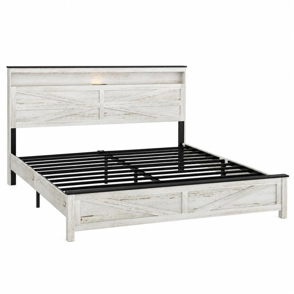 White And Gray Inlaid Panels Solid Wood Lighted King Bed Frame With USB With Shelf Storage — view 1