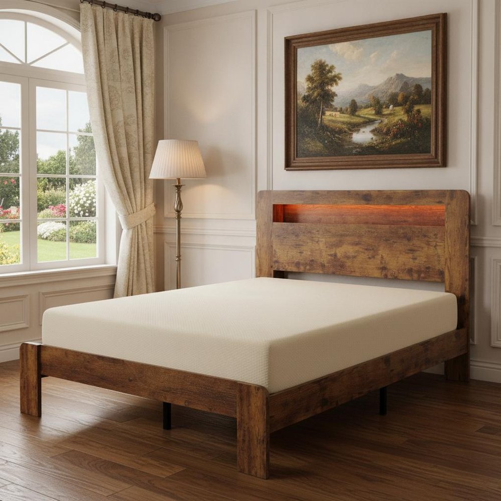 Brown Solid Wood Lighted Queen Bed Frame With USB HomeRoots