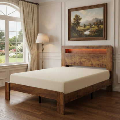 Brown Solid Wood Lighted Queen Bed Frame With USB HomeRoots