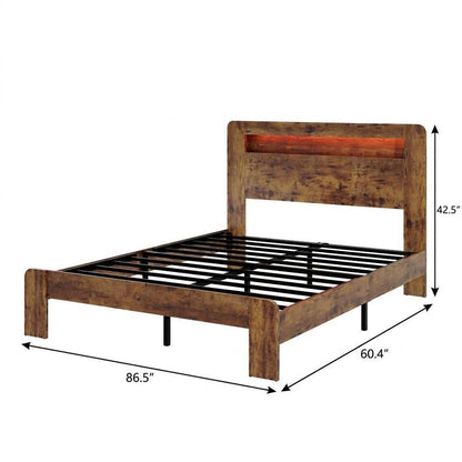 Dark Brown Solid Wood Lighted Queen Bed Frame With USB With Shelf Storage