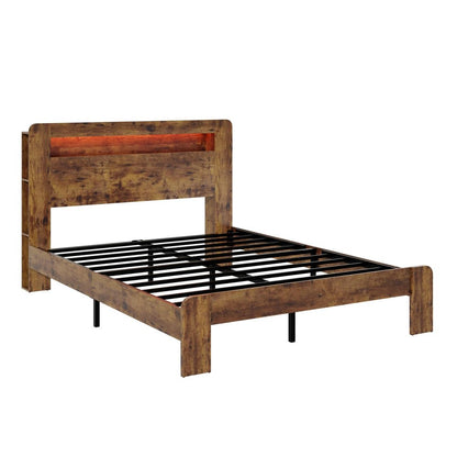 Brown Solid Wood Lighted King Bed Frame With USB HomeRoots