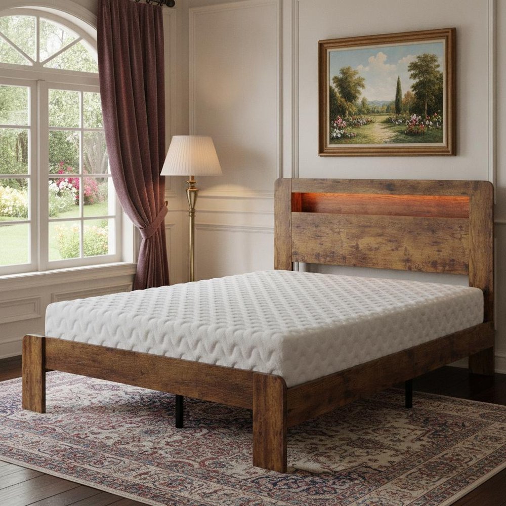 Dark Brown Solid Wood Lighted King Bed Frame With USB With Shelf Storage