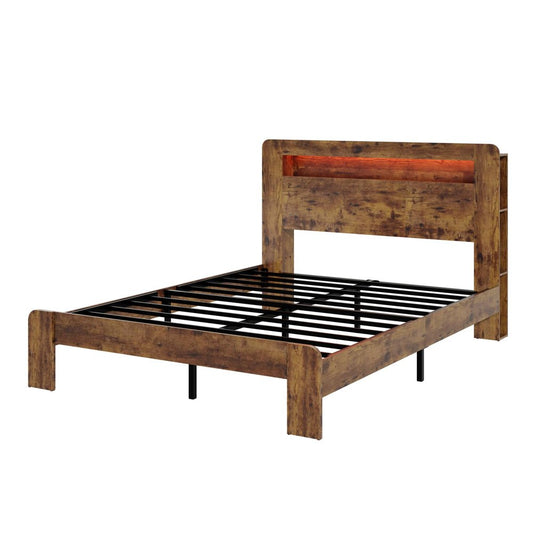 Brown Solid Wood Lighted King Bed Frame With USB